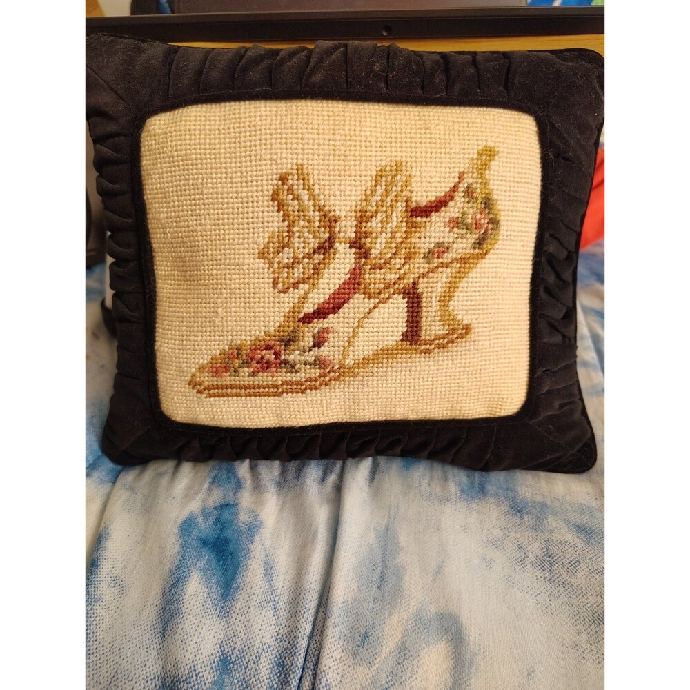 Victorian Vintage Shoe Pillow Needlepoint Cushion Black Velvet Zipper 12x11